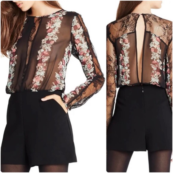 BCBGeneration Pants - BCBGeneration Floral Georgette & Crepe Romper size 0 Black Sheer Dressy Lace
